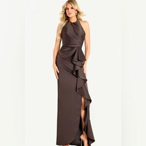 Jovani 44472 Ruffle Slit Halter Neckline Dress- Brown